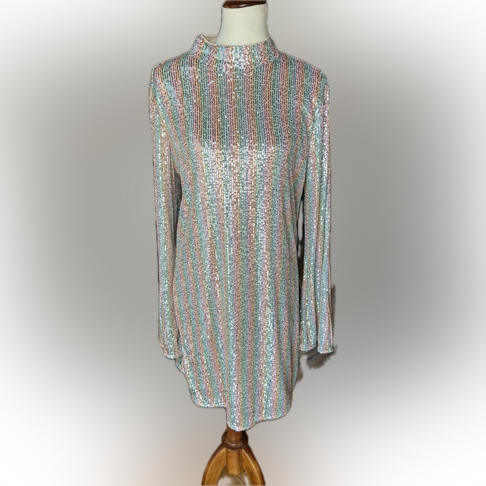 Chelsea and Violet 🌈Rainbow Sequin, Mock Neck, Long Sleeve, Striped, Mini Dress